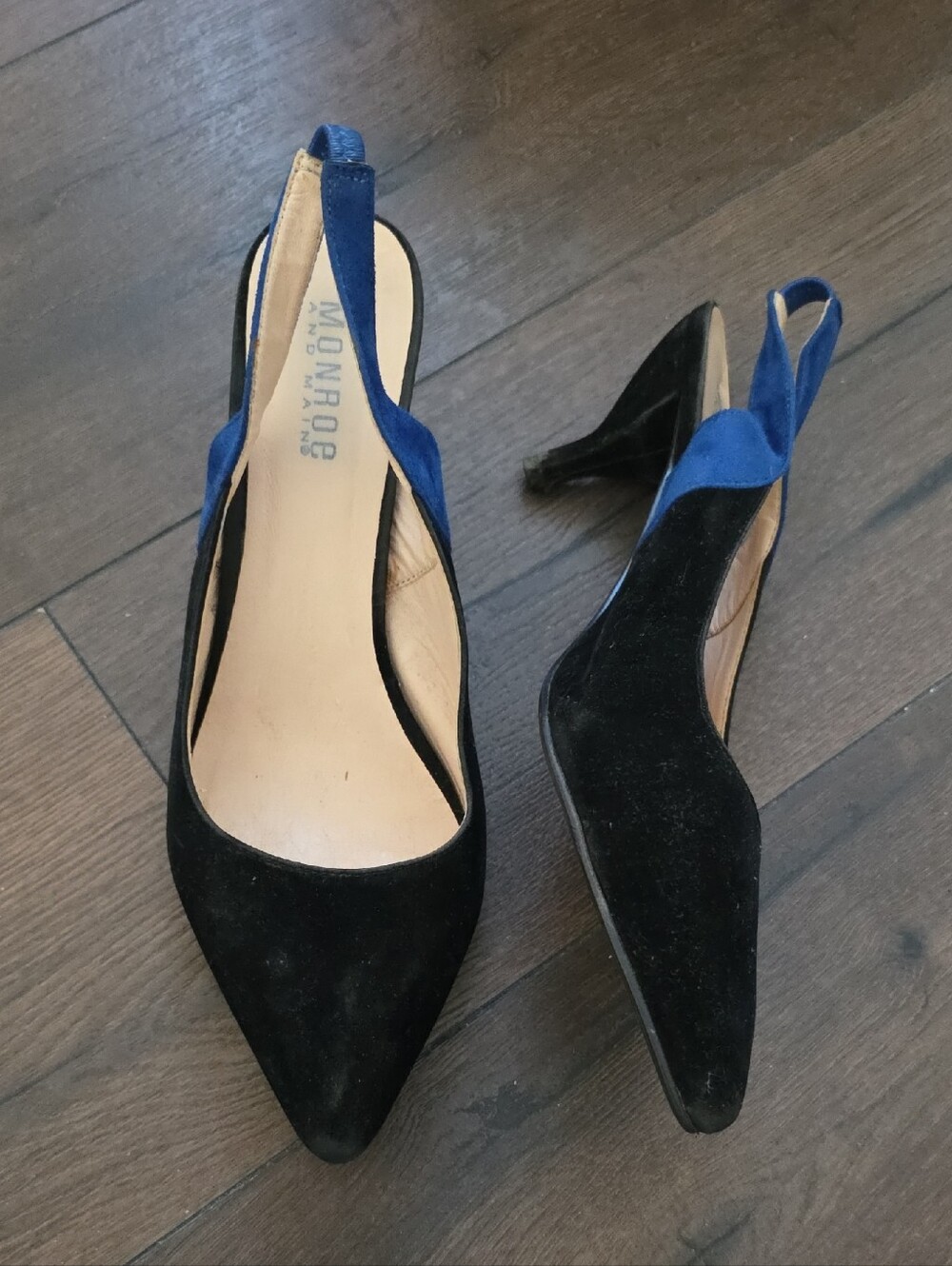Monroe & Main Black Suede Slingback Pumps with Blue Strap